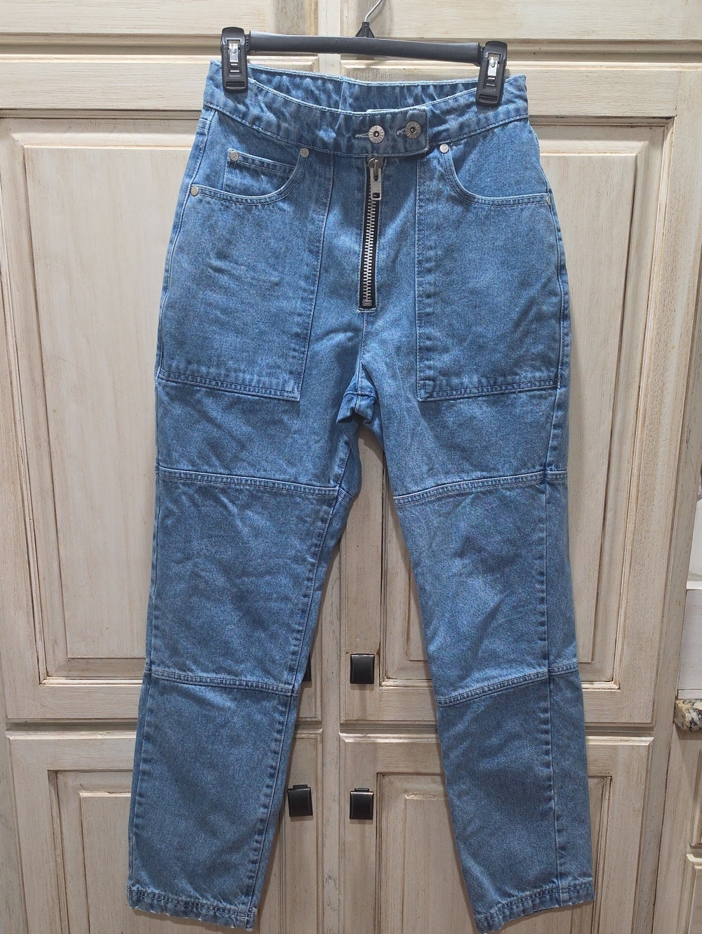 Straight-Leg High-Rise Blue Denim Jeans with Exposed Front Zip